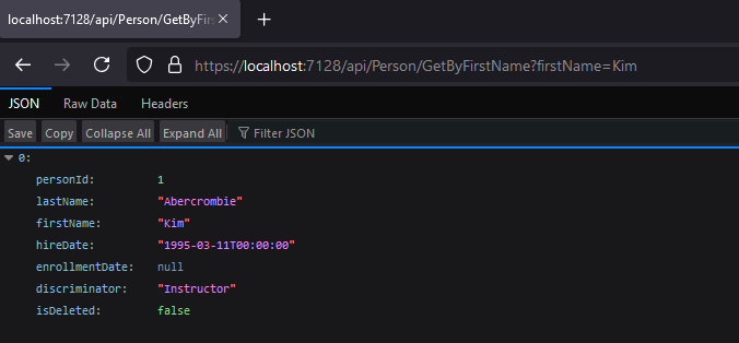 Result of filtering by first name