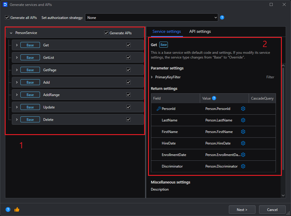 Generate services and APIs page 1
